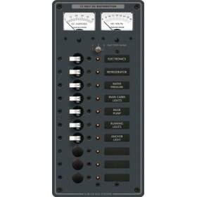 Blue Sea Systems 10 pozisyonlu, 7 adet 15A otomatik sigortalı, voltmetre ve ampermetreli 12V DC tekne elektrik paneli.