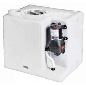 77 litre polietilen su tankı ve 12V 12,8 L/dk otomatik hidroforun kombine edildiği tekne tatlı su sistemi.