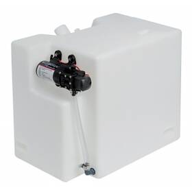 32 litre polietilen su tankı ve 12V 3 L/dk otomatik hidroforlu kompakt tekne tatlı su sistemi.