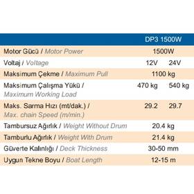 Quick Prince DP3, 1500W motoru, 12V çalışma voltajı ve 8 mm kavelatasıyla zincir ve 12/14 mm halat kullanımına uygun tamburlu dikey ırgattır.