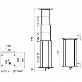 Dudge 77 yuvarlak, 24V, IP66 korumalı, 378-778 mm hareket aralığına ve 100 kg kapasiteye sahip elektrikli masa ayağı.